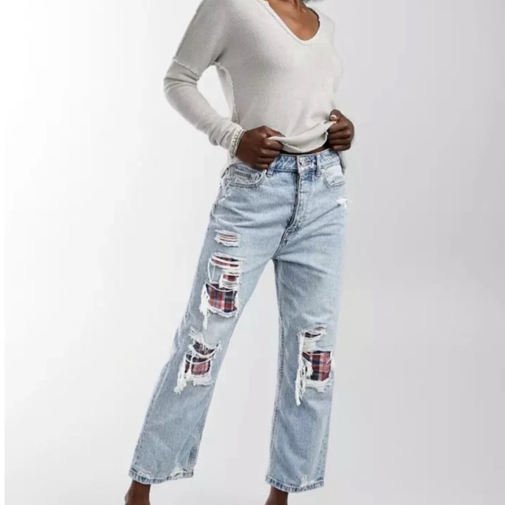Free People Light Blue Distressed Plaid Patchwork Boyfriend Jeans Size 30